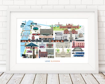 Glasgow Skyline Modern Graphic Art Print, City Landmarks