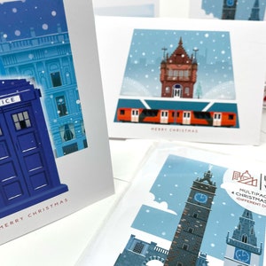 Paquete de 4 tarjetas de Navidad de Glasgow (diferentes diseños), caja de policía, tarjetas navideñas en blanco