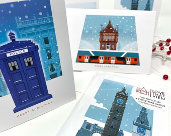 Glasgow Christmas Card 4 Pack (Different Designs), Police Box, Blank Xmas Holiday Cards