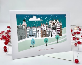 Edinburgh Ramsay Garden Christmas Card (Single), Princes Street Gardens, Blank Xmas Holiday Card