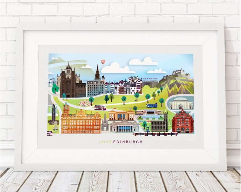 Edinburgh Skyline Colourful Print, Landmarks Art, Castle, Princes Street image 1