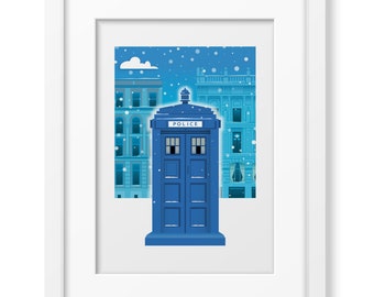 Glasgow TARDIS-Style Police Box in Snow, Illustrated Print