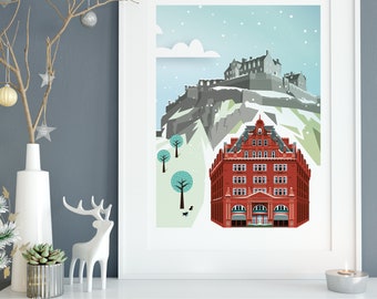 Edinburgh Castle Caledonian Hotel, Winter Skyline Stylish Art Print, Christmas Gift