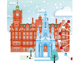 Edinburgh Balmoral Hotel Winter Skyline Cheerful Art Print, Christmas Gift
