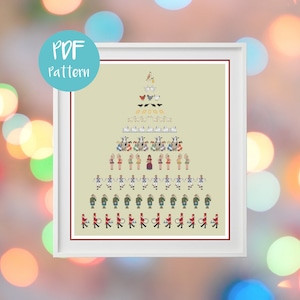 Op de afbeelding: Een kruissteekpatroon van een kerstboom met een traditioneel ontwerp. De boom is versierd met een ster, vogels, ganzen, zwanen, koeien, dansers en trommelaars. Het patroon is gedrukt op een beige achtergrond.