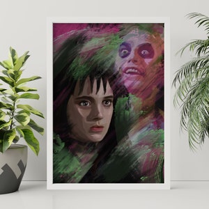May include: A digital painting of two characters from the movie Beetlejuice. The character Lydia Deetz is on the left side of the image, and the character Beetlejuice is on the right side of the image. The background is a mix of green, pink, and purple brushstrokes.