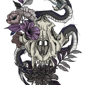 May include: Illustration of a skull with a snake and flowers. The skull is light gray, with a snake wrapped around it. Purple and gray flowers and leaves are also present, all on a white background.