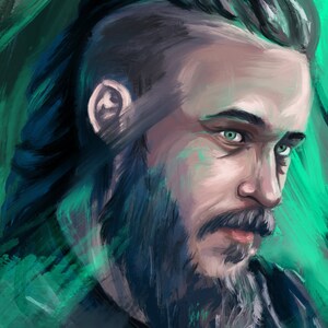 May include: Digital painting of a man with a full beard and mustache, green eyes, and dark hair styled in a mohawk. The artwork features a teal and green background with brushstrokes, creating a textured effect. The man's skin tone is fair.