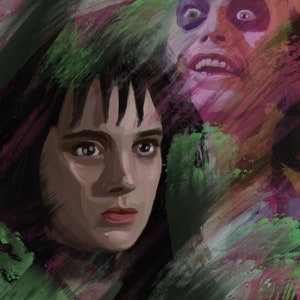 May include: A painting of two faces, one with a dark, serious expression and the other with a wide, grinning mouth. The faces are partially obscured by brushstrokes of green, pink, and purple.