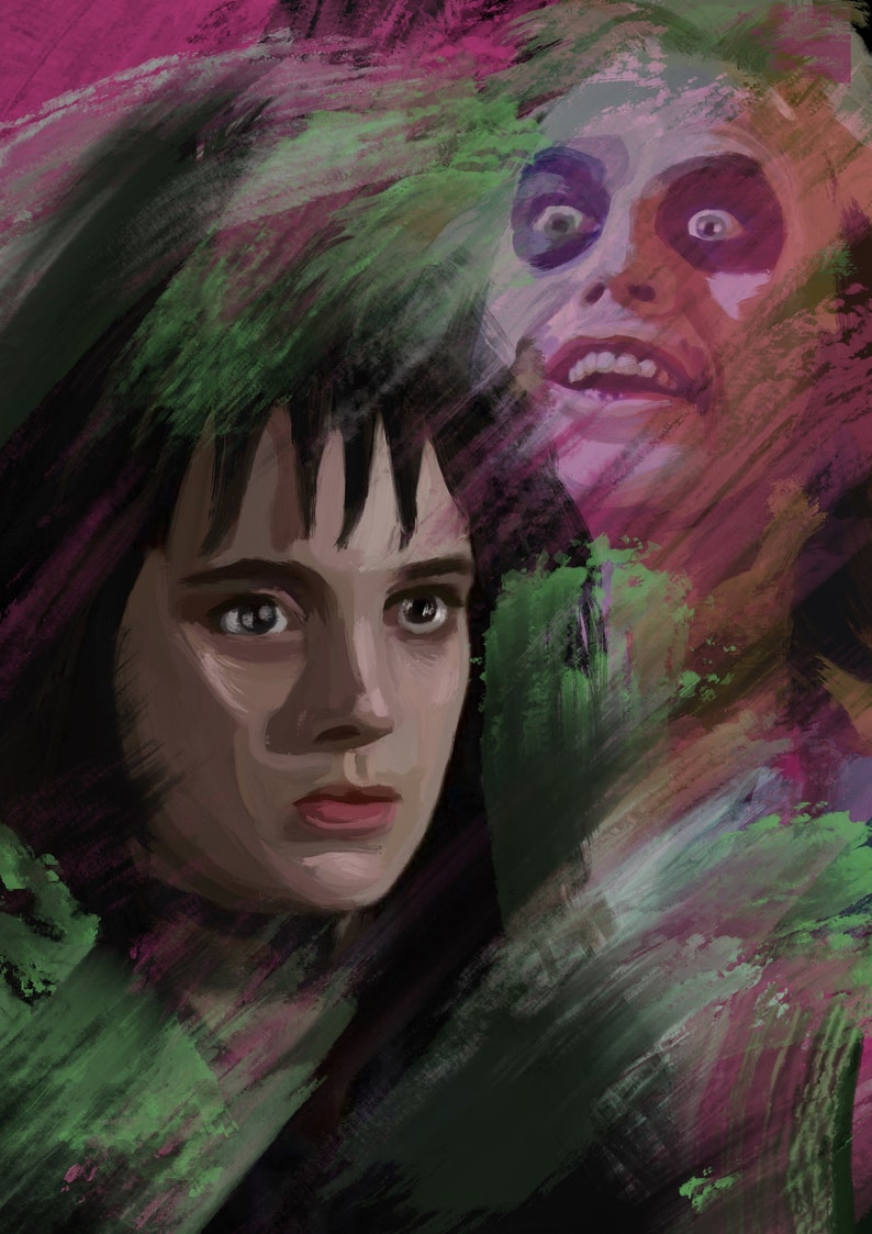 May include: A painting of two faces, one with a dark, serious expression and the other with a wide, grinning mouth. The faces are partially obscured by brushstrokes of green, pink, and purple.
