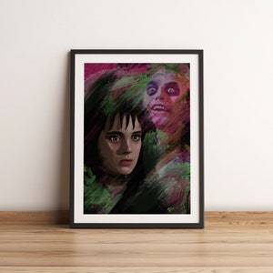 May include: A framed print of a colorful, abstract painting featuring two faces. The faces are partially obscured by brushstrokes and appear to be a woman with dark hair and a man with a sinister expression.