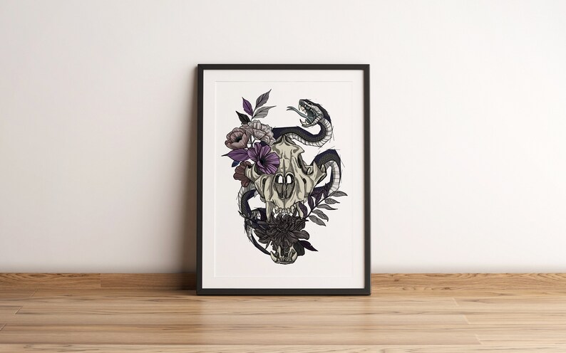 Tattoo Style - Skull and snake Poster - Gothic Illustration - High Quality A4 Art Print - 250 gsm Gloss Paper Stock - Limited Edition image 2