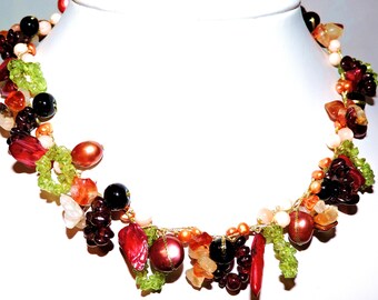 Gorgeous Vintage Cluster Necklace Gold Metallic Threading Gemstones Amethyst Coral Peridot Pearls Agate Onyx Quartz