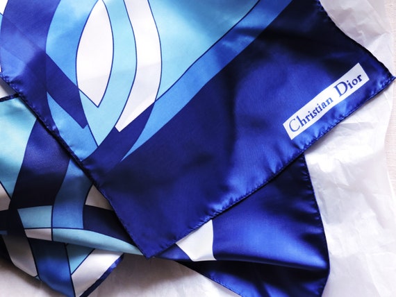Vintage Christian Dior Silk Scarf Blue White Abstr