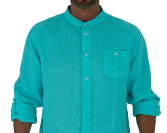 Camisa de lino de manga larga para hombre de aleta corta con cuello redondo estilo mandarín