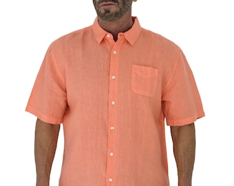 Camisa de lino de manga corta para hombres de aleta corta con cuello lateral