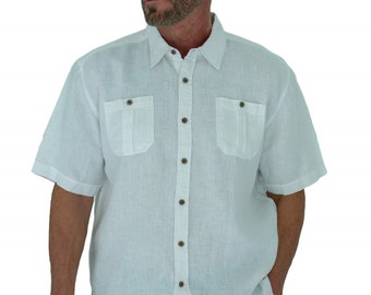 Camisa de lino de manga corta para hombre con dos bolsillos delanteros