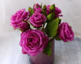 Cold Porcelain English Garden Rose Bouquet,  Fuchsia Pink Roses, Luxury Floral Decor, Forever Flowers, Realistic Faux & Artificial Roses