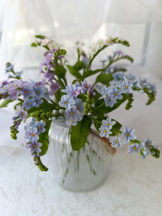 Polymer clay forget me nots, Blue flowers, Cold Porcelain flower arrangment,  Real touch floral table decor, Spring  home decoration