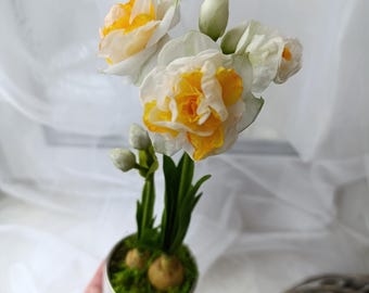 Handgemachte gelb - weiße Narzissen im Topf, realistische Faux-Polymer-Ton-Blumen, Frühlings-Tischdekor, künstliche Für immer-Andenken-Blumen