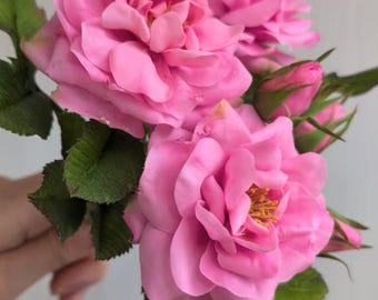 Cold Porcelain pink rose, Rosehip flower, Realistic garden rose, Handmade Real touch flower, Artificial rose long stem, Romantic Home Décor