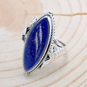 925 Sterling Silver Lapis Lazuli Rings Birthstone Handmade Ring Gift For Her Wife Blue Marquise Statement Ring Jewelry, Hand Texture
