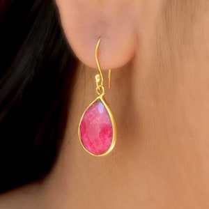 Red Ruby Teardrop Earrings: 925 Silver Gold Dangle Pear Earrings
