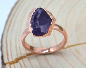 Raw Amethyst Electroplated Women Ring, Rough Stone Silver Electroformed Ring Handmade Jewelry, Crystal Ring Gift For Her Mom