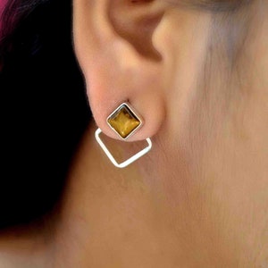 Tiger Eye Ear Jacket: Sterling Silver Front Back Earrings