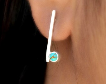 Turquoise 925 zilveren stud oorbellen, Turquoise Bar Studs oorbellen, handgemaakte minimalistische studs, 925 zilveren oorbellen cadeau voor vrouw & moeder