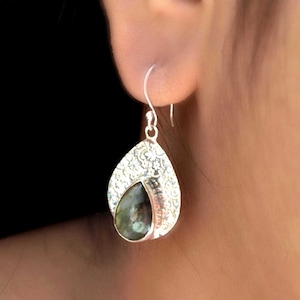Natural Labradorite Earrings 925 Sterling Silver, Flower Textured Women Earrings, Pear Gemstone Handmade Earrings Jewelry