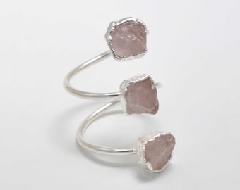 Electroplated Women Rose Quartz Ring, Natural Raw Rose Quartz Gemstone Ring for Anniversary Gift, Multi Stone Electroformed Ring