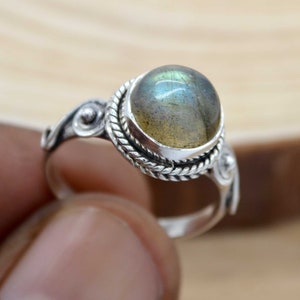 Bague labradorite en argent 925 faite main : bijoux empilables en pierres précieuses rondes
