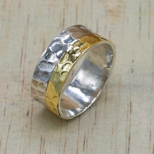 925 Silver Hammered Two Tone Women Ring, Narrow Band Ring