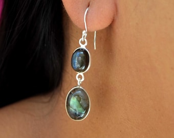 Labradorite 925 Silver Dangle Oval Earrings, Multi Stone Handmade Women Earrings, Gift for daughter Mom her