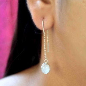 Moonstone Threader Earrings, 925 Solid Silver Women Oval Gemstone Handmade Earrings Jewelry, Valentine&#39;s Day Gift For Love Wife