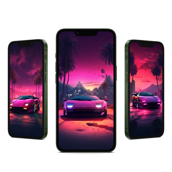 Synthwave iPhone Wallpaper - Retro Backgrounds - Lamborghini - 1980s - Sunset - Lambo - Phone Lock Screen or Home Screen - INSTANT DOWNLOAD
