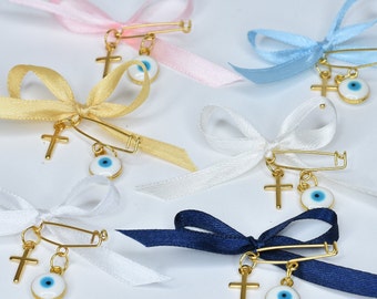 10 pcs, Witness pins with golden cross and evil eye, Christening Pins for Guests, Greek orthodox baptism favors, Pink Baptism Favors