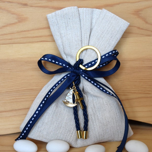 10 pcs, Nautical Baptism favor bags for Boys with sail boat, Bomboniera, Boubouniera,  5 Koufeta,