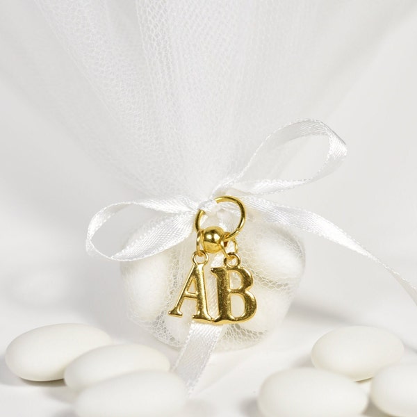 10 pcs, Tulle Wedding Favors With Initial Letters, 5 Sugared Almonds Favor, Tulle Wedding Bomboniere, Favors For Guests