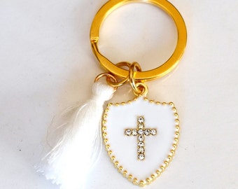 10 pcs, Baptism favor keychains with rhinestone enamel cross for Boys and Girls to offer to your Guests,