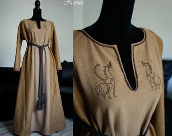 Viking linen dress with deer embroidery