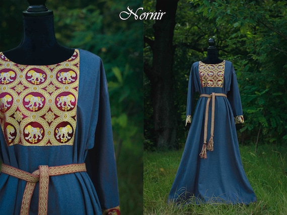 Blue Linen Dress With Byzantine Lions Silk Brocade - Etsy