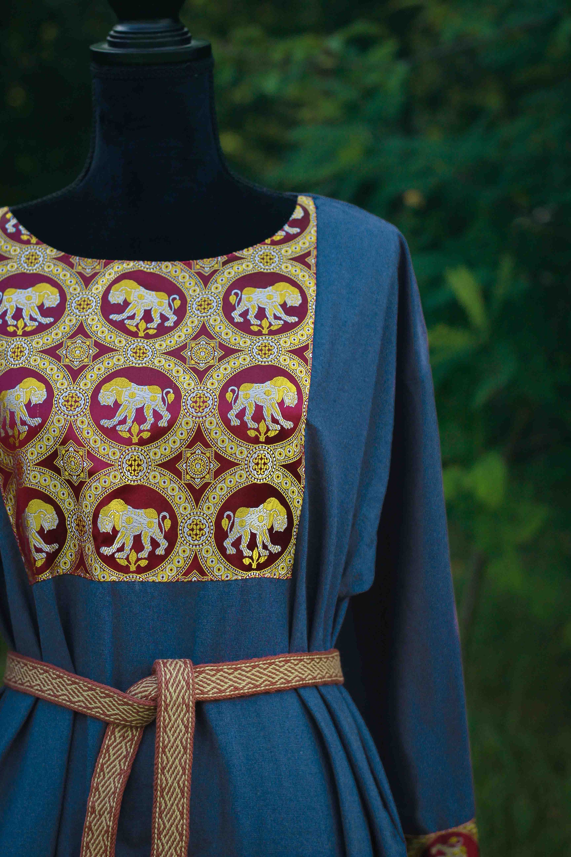 Blue Linen Dress With Byzantine Lions Silk Brocade - Etsy