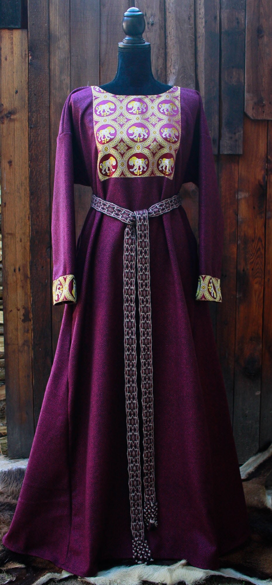 Purple Woolen Dress With Byzantine Lions Silk Brocade, Woolen  
