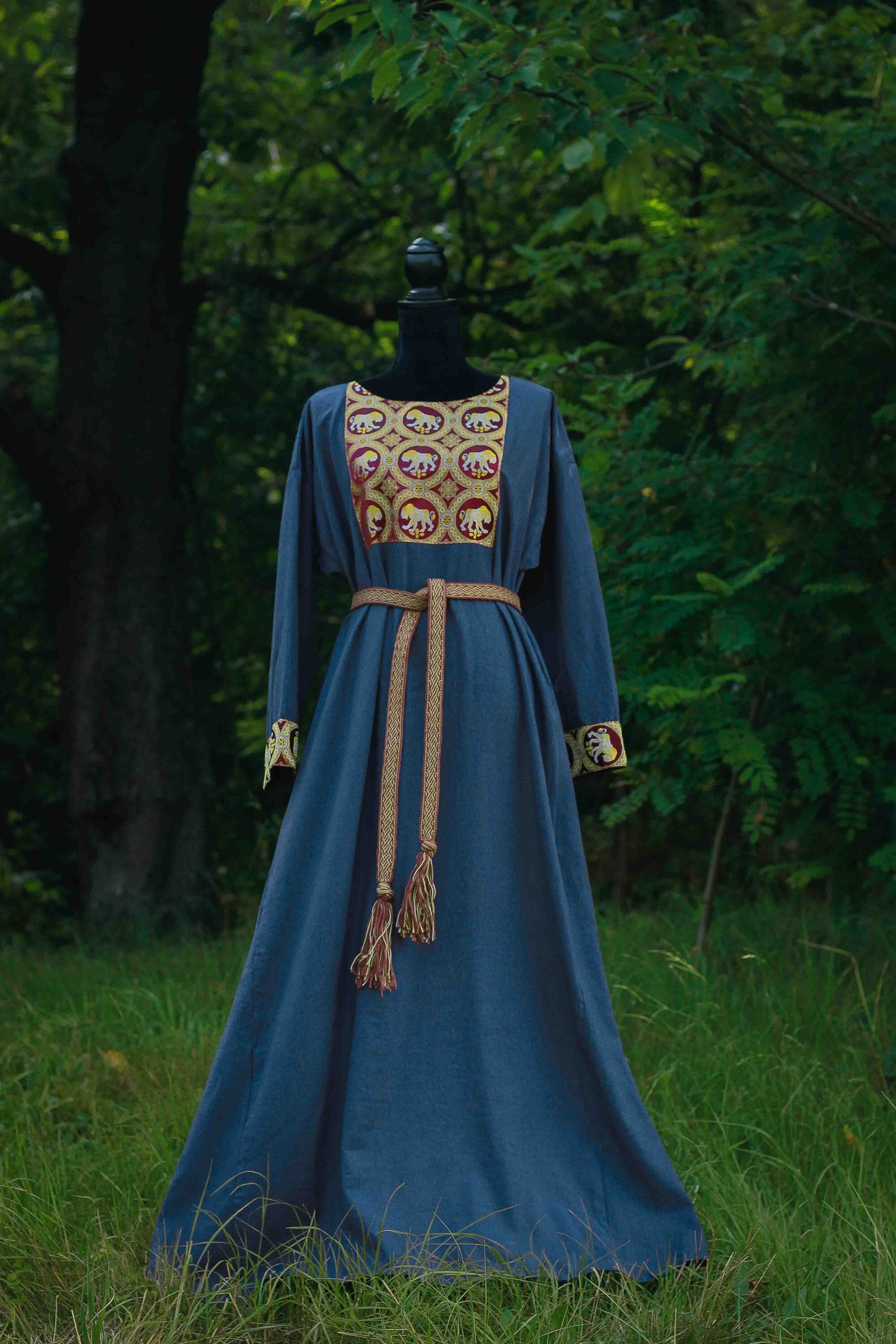 Blue Linen Dress With Byzantine Lions Silk Brocade - Etsy
