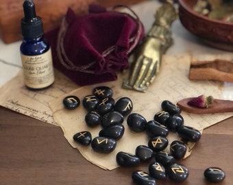 Crystal Elixir & Rune Set | Black Agate Runes | Elder Futhark Rune and Gem Elixir Set