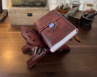 Journal Set | Triple Moon Goddess | Leather Blank Book and Wooden Book Stand Set | Apothecary Book | Grimoire Set | Sacred Space