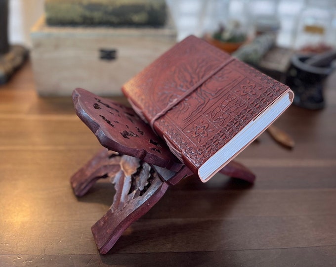 Journal Set | Tree of Life Leather Journal & Wooden Book Stand Set | Apothecary Herbal Book | Grimoire Set | BOS