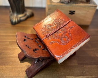 Journal Set | Dragon Leather Blank Book Journal and Wooden Book Stand Set | Apothecary | Grimoire | BOS